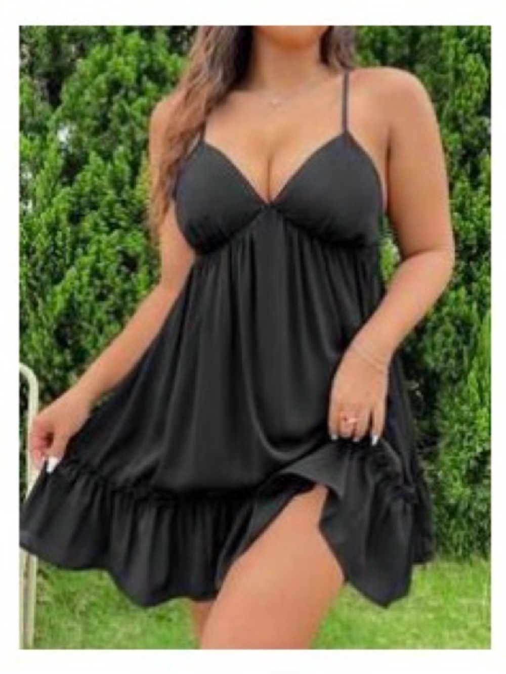 SHEIN Black Spaghetti-Strap Ruffle-Hem Mini Dress